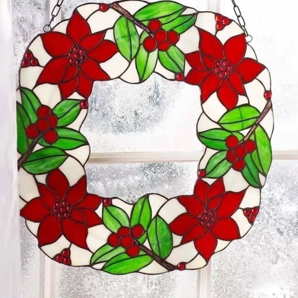 STAINED GLASS Poinsettia Holiday Wreath 18”